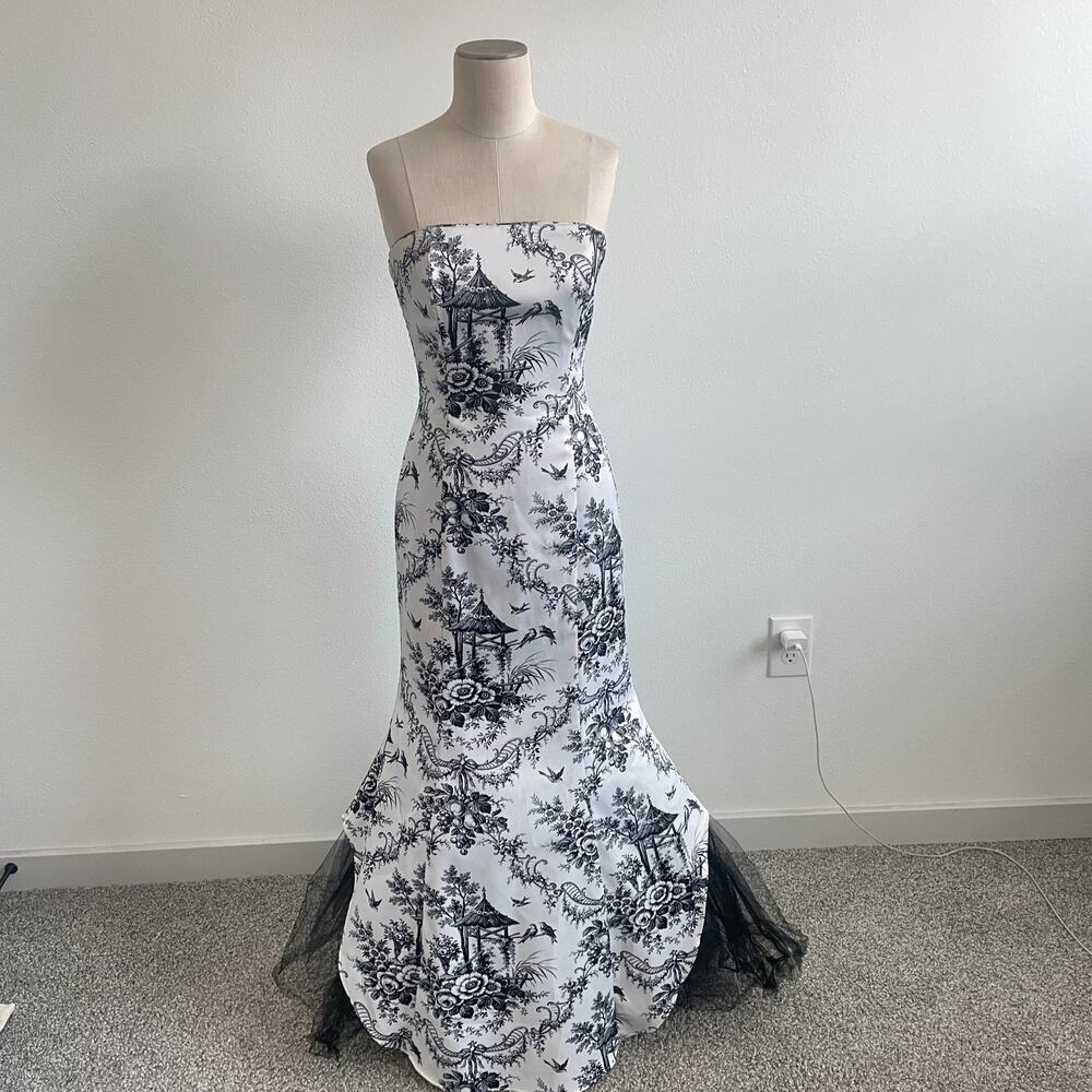 Scott McClintock Dress Womens 4 White Black Toile Strapless Whimsy Romantic 90s